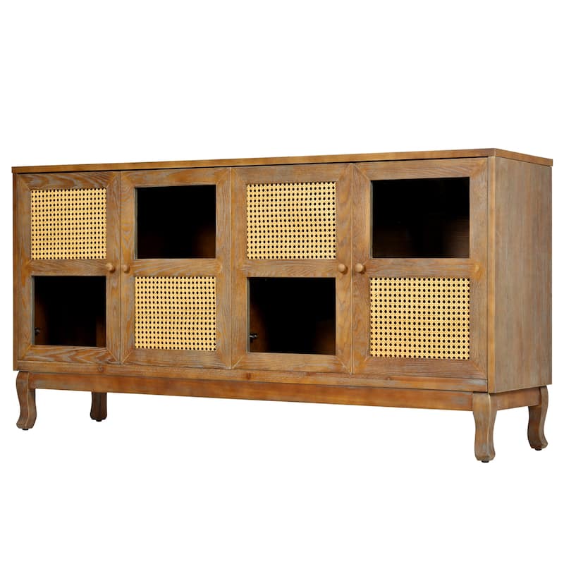 Sideboard Cabinet with Artificial Rattan Doors, Accent Cabinet with Adjustabel Shelves, Buffet Cabinet with Wooden Legs
