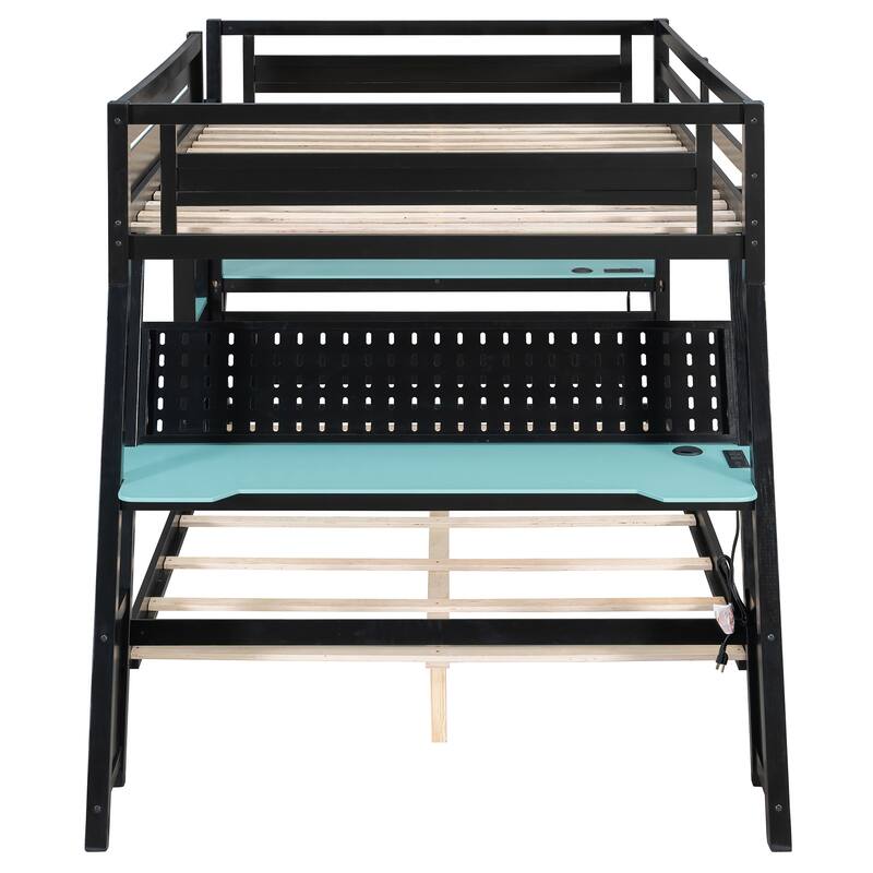 Gaming Bunk Bed Two Built-In Gaming Desks Each Side Loft Bed with USB Desktop Ports and Pegboard Organizer for Gaming Room Gamer