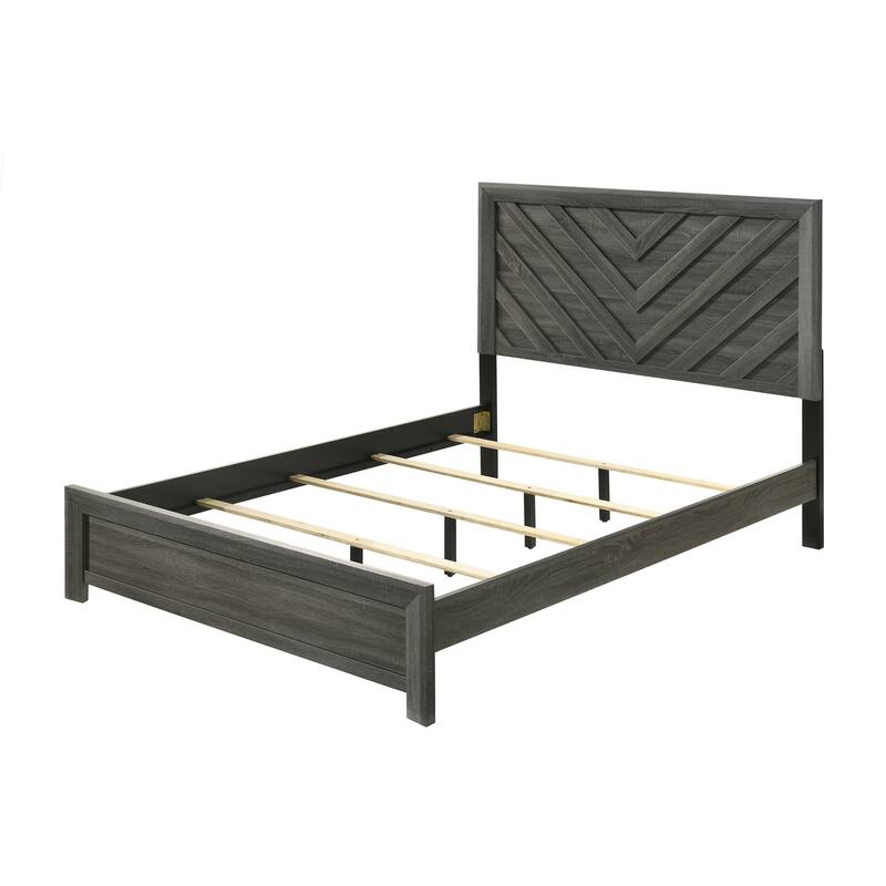 Queen Size Bed with Geometric Chevron Headboard, Rustic Gray Finish, Contemporary Design