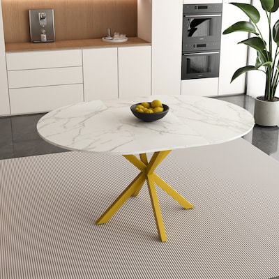 Modern and simple round dining table with extendable blades, carbon steel X-shaped base, sturdy and durable(4-6 people)