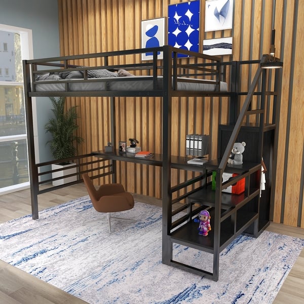 Full Size Metal Loft Bed with Desk, Storage Staircase and Small