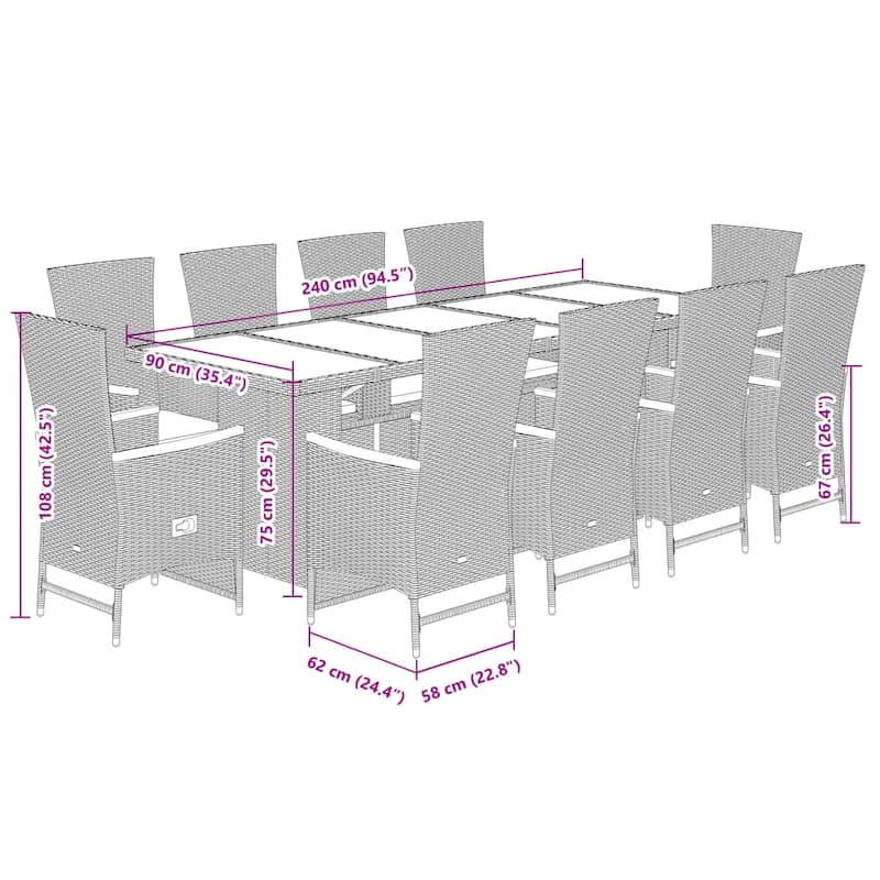 vidaXL Garden Dining Set Black, Cream White PE rattan, Steel, Acacia wood - 35.4 x 94.5 x 29.5