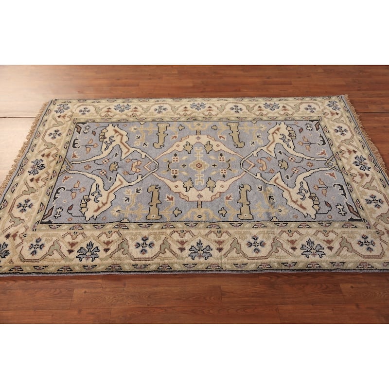 Light Blue Oushak Oriental Rug Floral Handmade Wool Carpet - 4'1"x 5'11"
