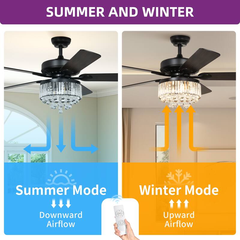 52'' Modern Crystal Ceiling Fan Chandelier with Light Kit and Remote