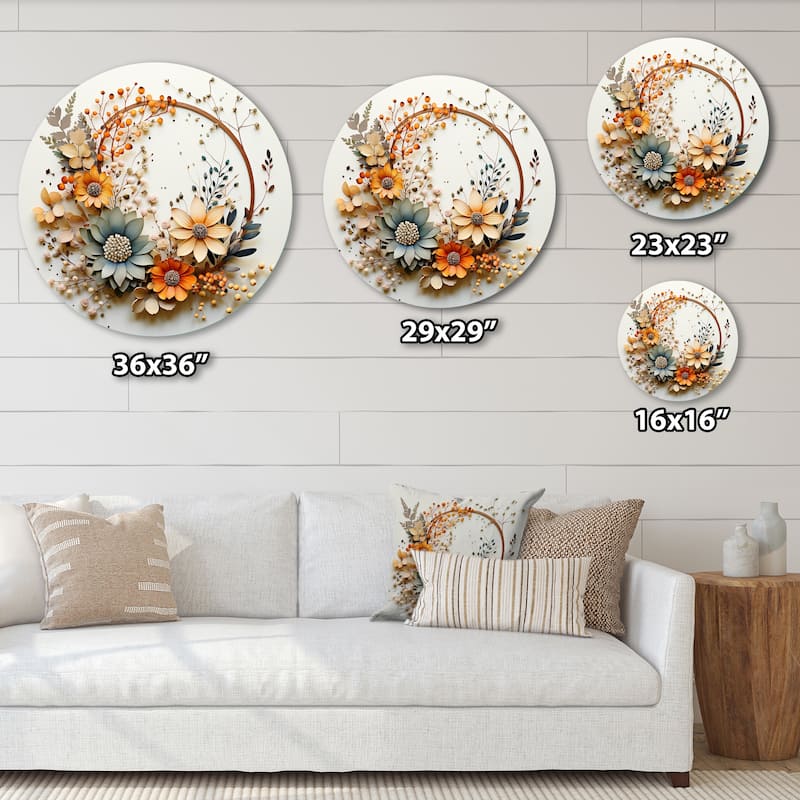 Designart "Beige and Orange Floral Wreath I" Floral Metal Circle Wall Art