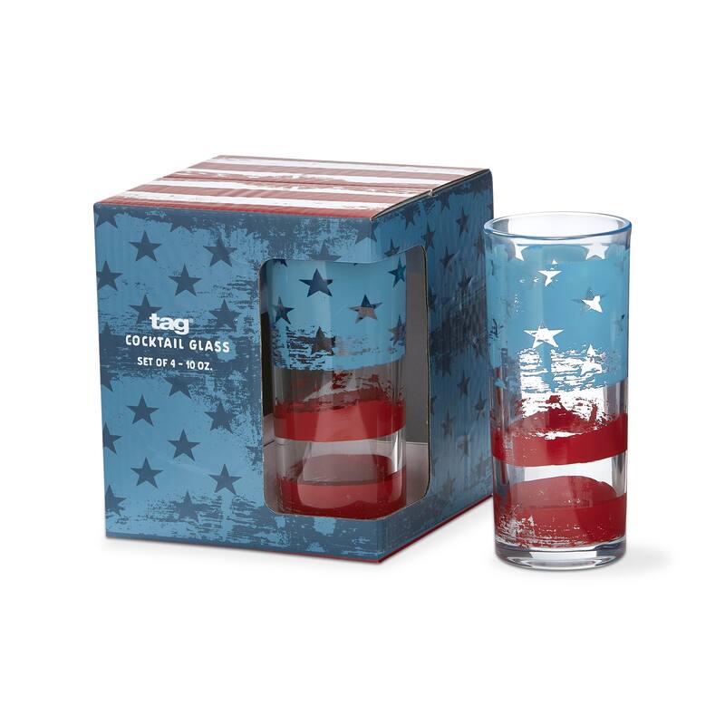 Set of 4 Patriotic Cocktail Glasses Clear Glass with American Flag Design , 10 oz