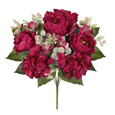 Set of 2 Burgundy Artificial Mixed Peony Hydrangea Blossom Flower Stem Bush Bouquet 17in - 17" L x 11" W x 11" DP