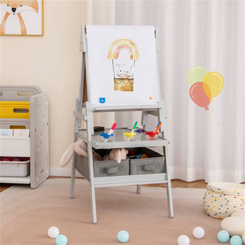 3-in-1 Magnetic Kids Art Easel with Chalkboard, Whiteboard, Paper Roll & Storage Bins - 21.5" x 18" x 40"
