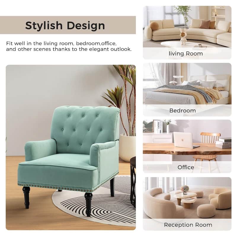 Geltrude Transitional Upholstered Button Tufted Club Chair with turned wooden Legs by HULALA HOME