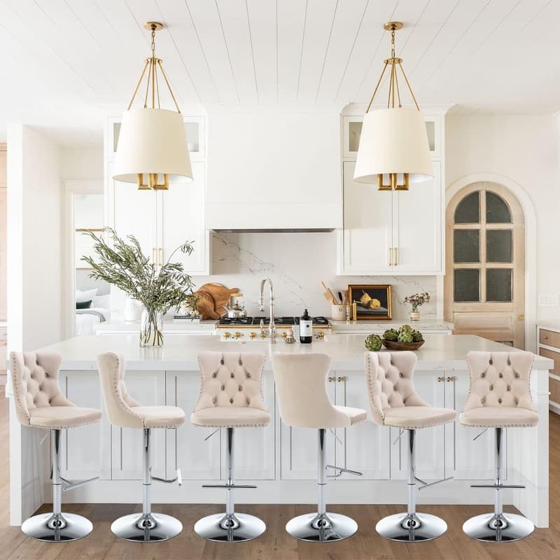 Velvet Upholstered Nailheads Tufted Swivel Bar Stools (Set of 6) - Beige SliverBase