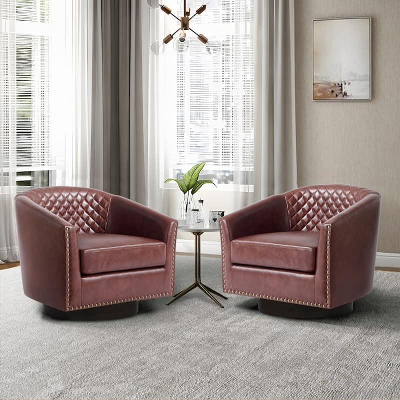2 Set Tufted PU Vegan Leather Swivel Barrel Chair with Nailheads Trim