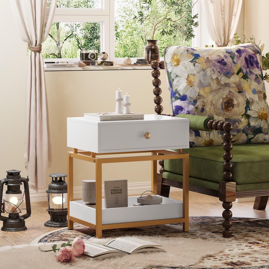 End Table with Drawer and Open Shelf, 2 Tiers Sofa Side Table, with Gold Metal Frame for Living Room