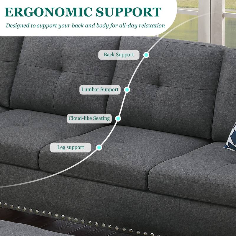 HOMEFUN Linen/Leather Upholstered L-Shaped 4-seater Multifunctional Sectional Sofa with Storage Ottoman,Cup Holder
