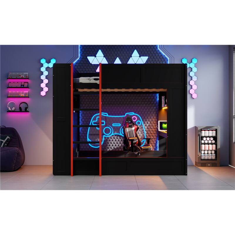 Roomfitters Full Size Gaming Bunk Bed with Desk, Storage Shelves, LED and Charging Station, Black