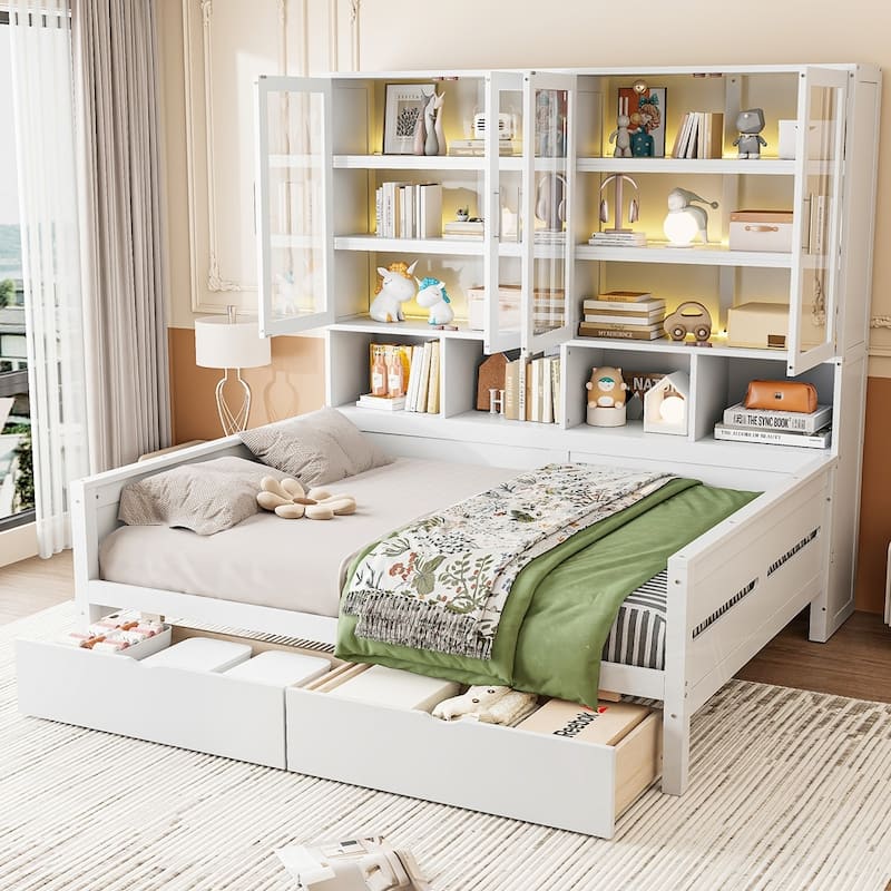 Wooden Daybed with Glass-Door Storage Cabinets Built-in LED Lighting and Shelves
