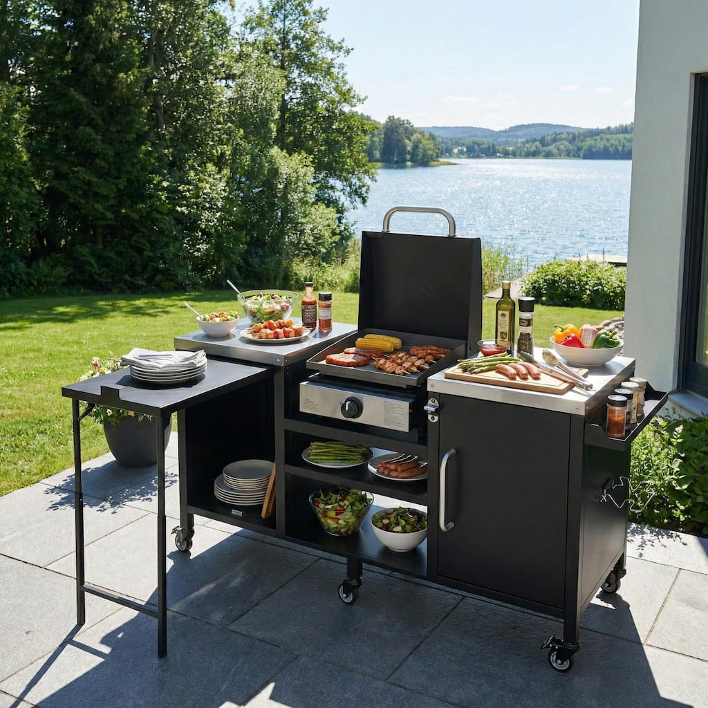 72.4" Large Grill Table Cart for Big Green Egg - Metal Outdoor Kitchen Island with Fold-out Prep Table & Adjustable Shelves