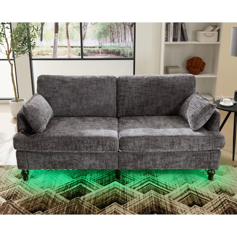 HOMEFUN Chenille Upholstered Mid Century Modern Wood Frame Loveseats Sofa with LED light,USB and Side Pocket