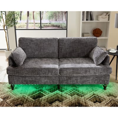 HOMEFUN Chenille Upholstered Mid Century Modern Wood Frame Loveseats Sofa with LED light,USB and Side Pocket