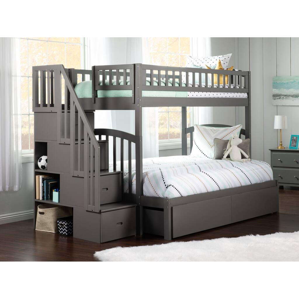 AFI Westbrook Twin over Full Size Staircase Bunk Bed with Bed Drawers & Charging Station in Grey