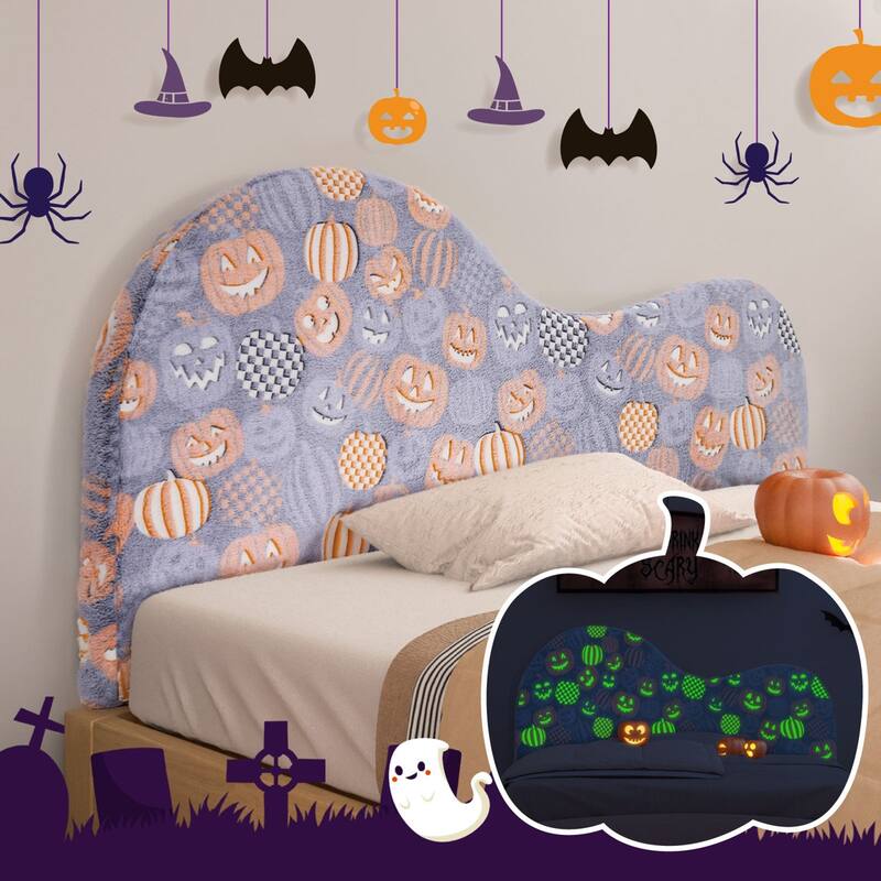 WOWMAX Upholstered Headboard Queen, Creative Curved Glow in The Dark Headboard, Foam Filled Fabric Head Board - Pumpkin