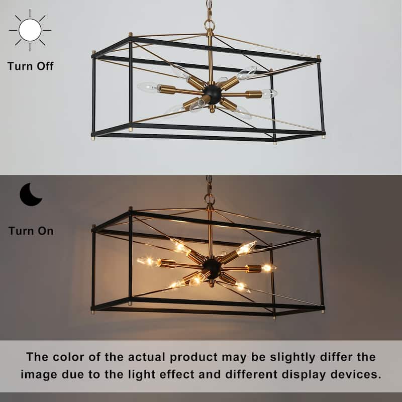 Leno Modern Farmhouse 8-Light Black Gold Rectangle Chandelier Starburst Island Lights for Dining Room - 26" L x 10" W x 14" H