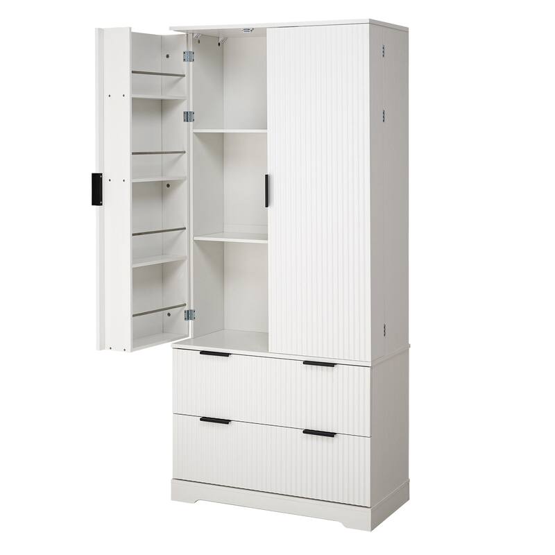 71.65" H Fluted Kitchen Pantry Cabinet, Freestanding Storage Cabinet Buffet Sideboard with 2 Large Drawers & 8-Door Spice Rack