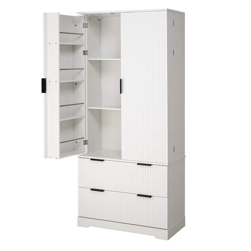 Fluted Kitchen Pantry Cabinet, 2 Doors Freestanding Kitchen Storage Cabinet with 2 Drawers, 8 Spice Racks & Adjustable Shelves