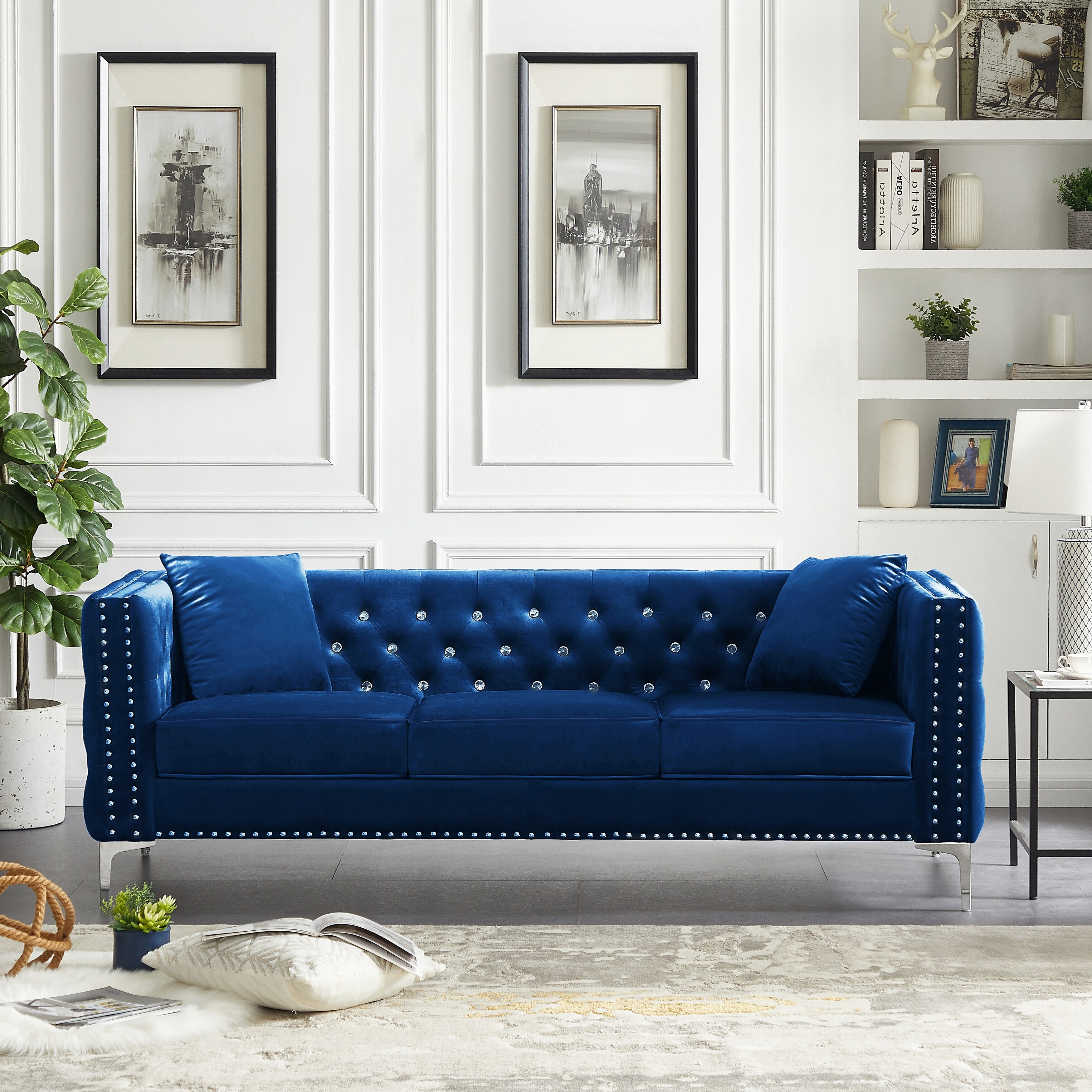 3 Seats Sofa Modern Velvet Padded Sofa Tufted Back Couch 2