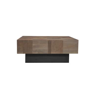 HomeRoots 40" Dark Brown and Black Solid Wood Square Block Coffee Table