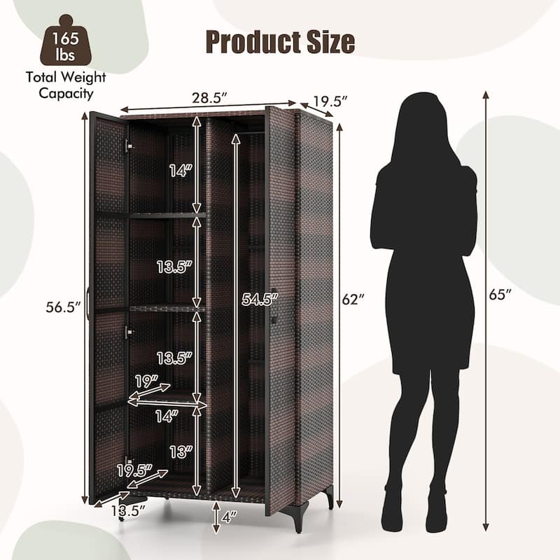 Gymax 62'' Wicker Wardrobe w/ 2 Doors Hanging Rod & 4 Storage Cubes