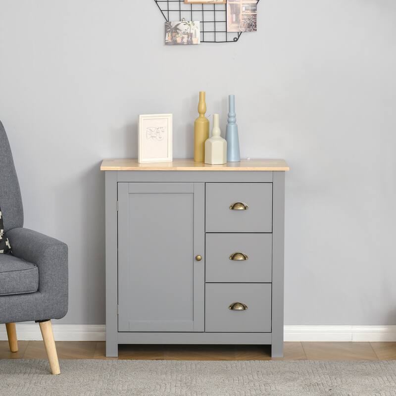 HOMCOM Modern Floor Cabinet, Storage Sideboard, Kitchen Buffet Table w/ Rubberwood Top, 3 Drawers and Cabinet - Grey