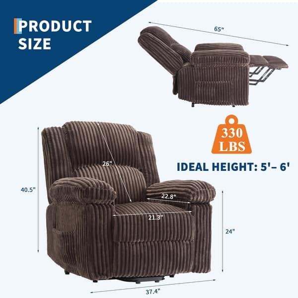 dimension image slide 4 of 5, Corduroy Recliner Chair, Manual Recliner Sofa with Handle, Pillow Top Arms, Thick Padding, Side Pocket, 330Lbs Capacity