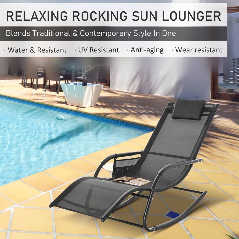 Outdoor Rocking Chaise Lounge Chair with Headrest Armrests and Side Pocket Breathable Mesh Recliner - 59" L x 24.5" W x 34.75" H