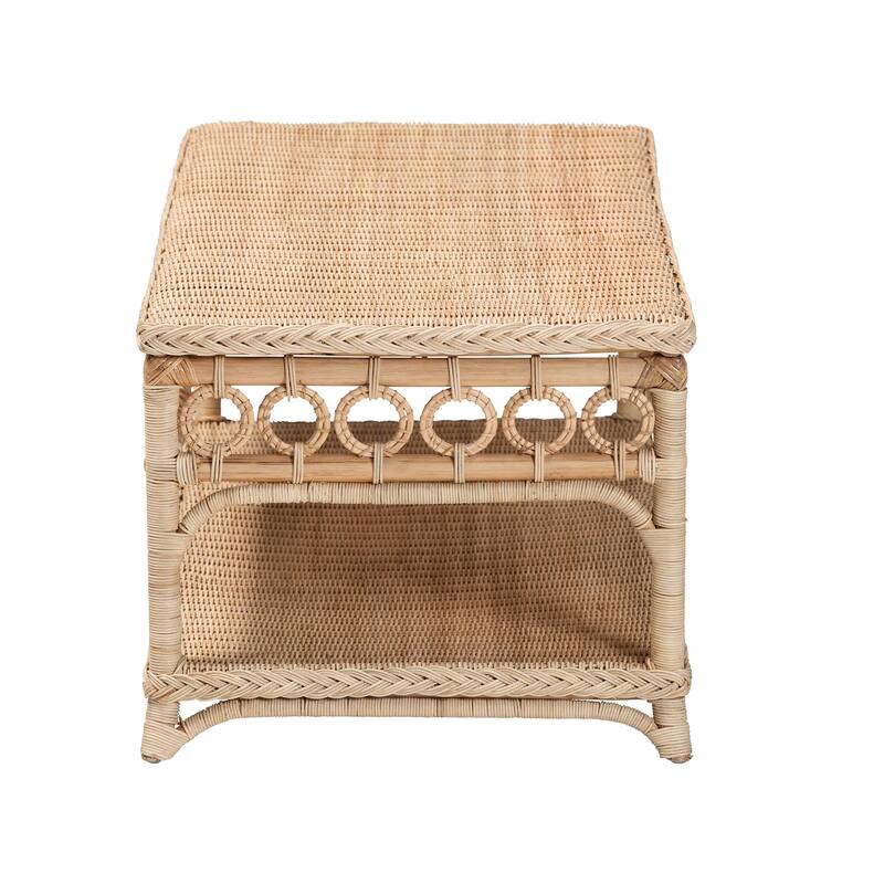 Oxford Braided Natural Rattan Coffee Table with Open Shelf - Coastal Living Room Accent Table with Decorative Loop Detailing