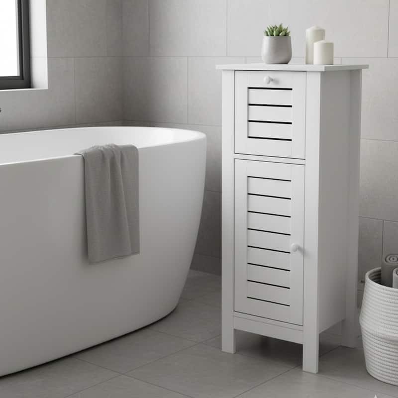 Santorin Compact White Bathroom Storage Cabinet with Drawer and Vented Door - 14.7"L x 11.13"W x 32.12"H