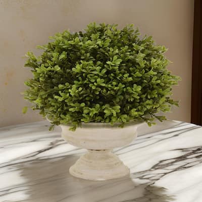15 Inch Faux Boxwood Topiary Plant in Urn Pedestal Pot, Off White Planter