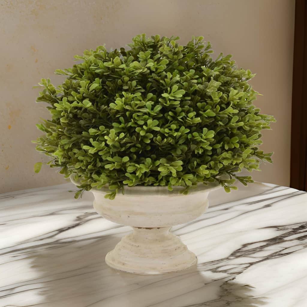15 Inch Faux Boxwood Topiary Plant in Urn Pedestal Pot, Off White Planter