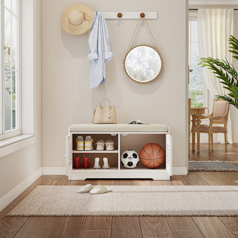 28.74" Shoe Storage Bench, 2 Doors Entryway Bench with Cushion, Shoe Rack with Adjustable Shelves, Modern Wood Shoe Cabinet