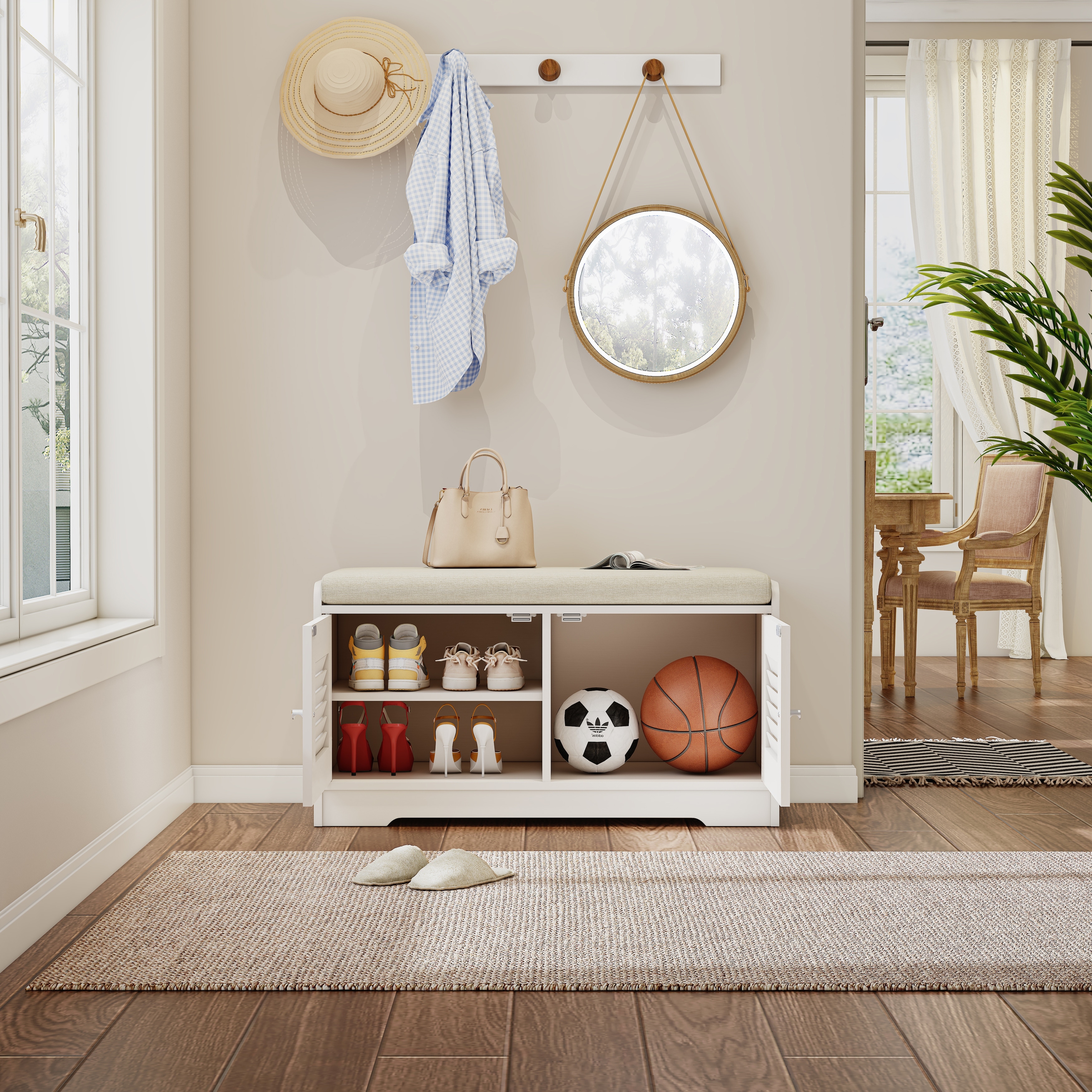 28.74" Shoe Storage Bench with 2 Door Cabinet, Entryway Bench Indoor Bench with Padded Seat and Adjustable Shelves