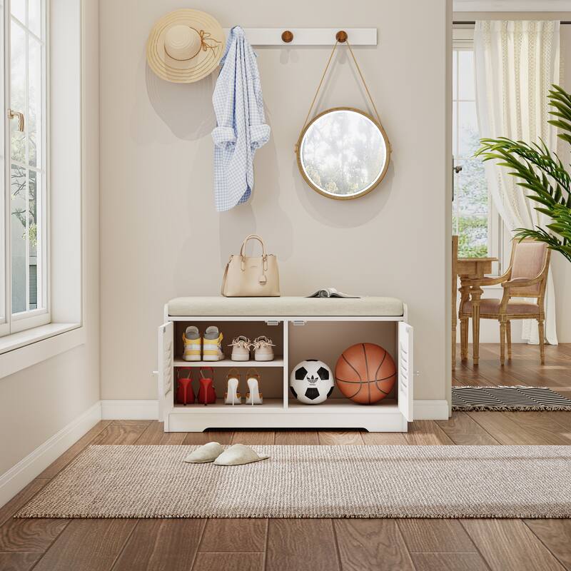 Anmytek Entryway Storage Bench with Cushion Shoe Organizer Seat for Small Spaces Modern White