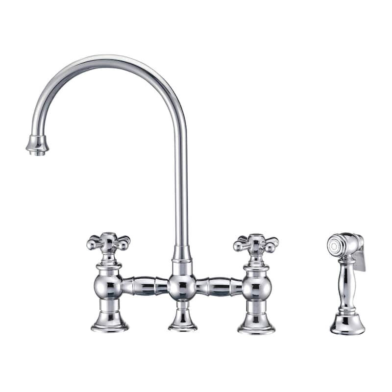 Vintage III Plus Bridge Faucet with Gooseneck Swivel Spout, Cross Handles and Solid Metal Side Spray - Polished Chrome