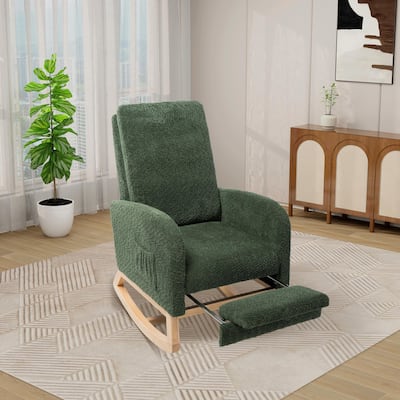 Nursery Rocking Chair, High Back Glider with Retractable Footrest, Side Pocket, Rubberwood Legs for Living Room, Bedroom
