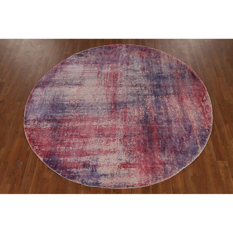 Contemporary Abstract Round Area Rug Handmade Beige Wool Carpet - 6'6" x 6'6"