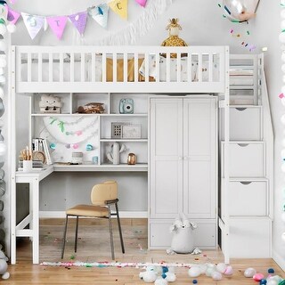 Full size Loft Bed with Bookshelf,Drawers,Desk,and Wardrobe