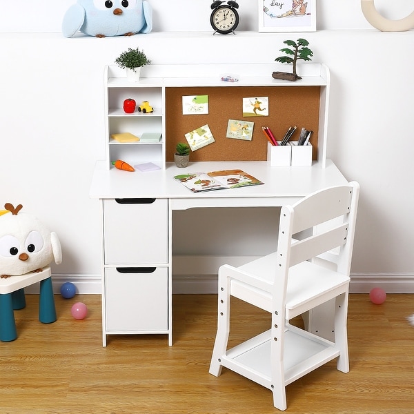 Wooden Study Desk and Chair Set for Kids White Learning Table Bulletin Board and Cabinets for Boys and Girls Ages 3 8 On Sale Bed Bath Beyond 38279823
