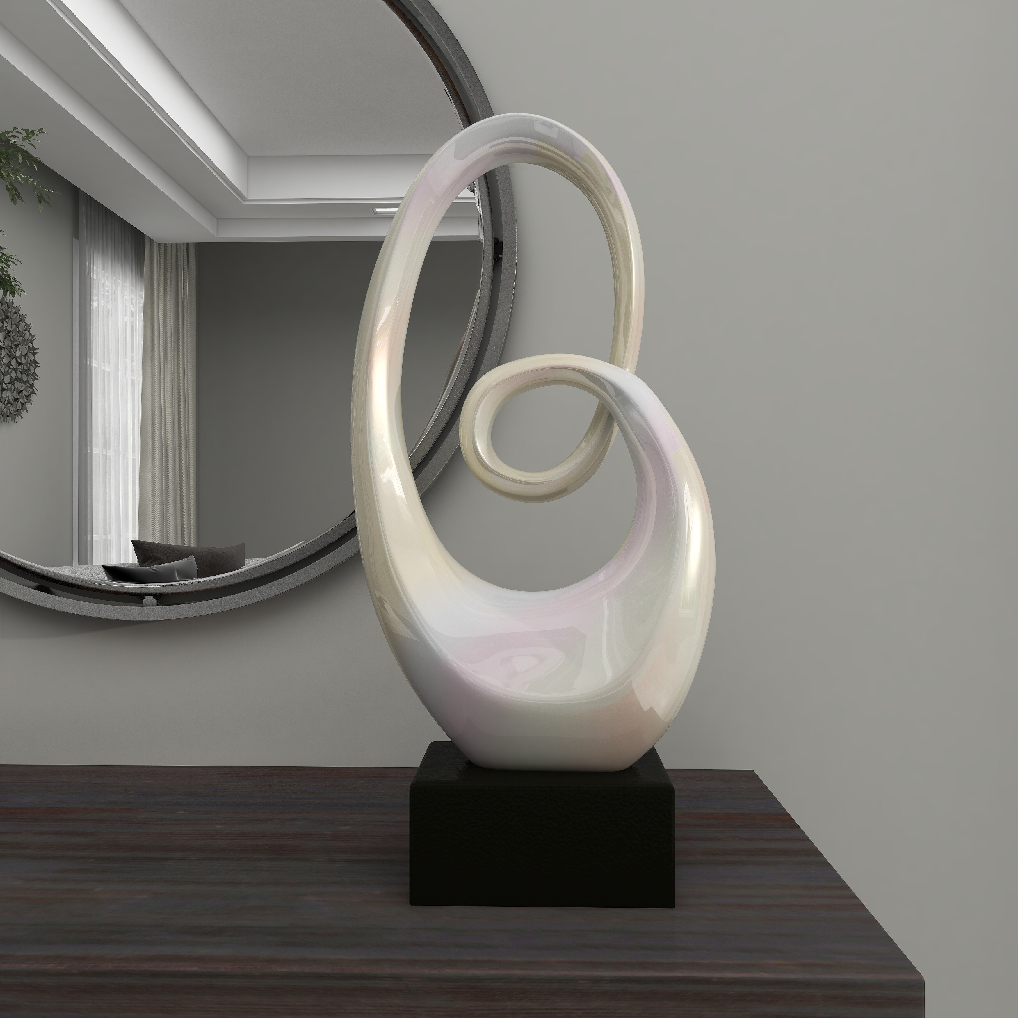Sleek Ceramic Swirl Abstract Sculpture with Black Wooden
