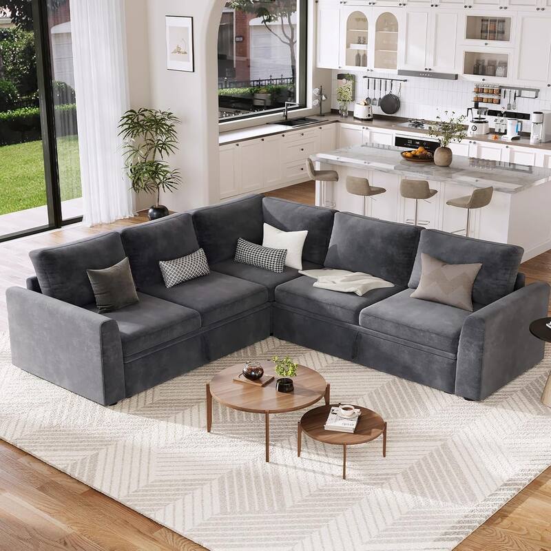 Sectional Sleeper Sofa with Pull Out Bed, Chenille Modular Sectional Sofa L Shaped Couch with Pull Out Couch - Grey