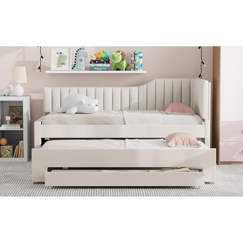 Twin Size Daybed Bed Frame with Linen Upholstered Backrest and Three Drawers, Pull-out Trundle Bed w/Slatted Support