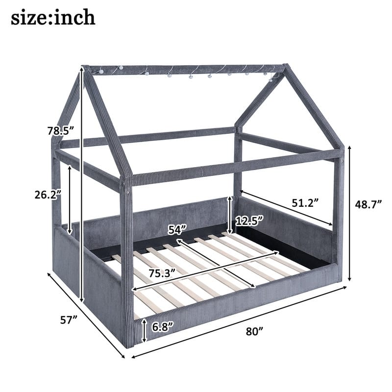 Full Size Upholstered House-Shaped Kids Bed with LED Light Strips, Corduroy Platform Bed Frame Floor Bed
