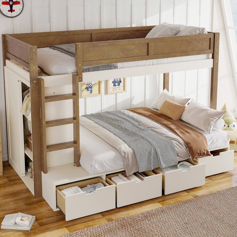 Twin Over Twin/Twin XL Over Full Bunk Bed Solid Wood Storage Bedframe with Built-in Wardrobe, 4 Under Drawers and Guardrails